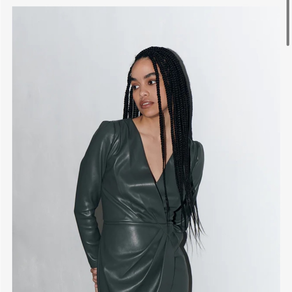 Faux Leather Green Wrap Dress - Picture 3 of 6